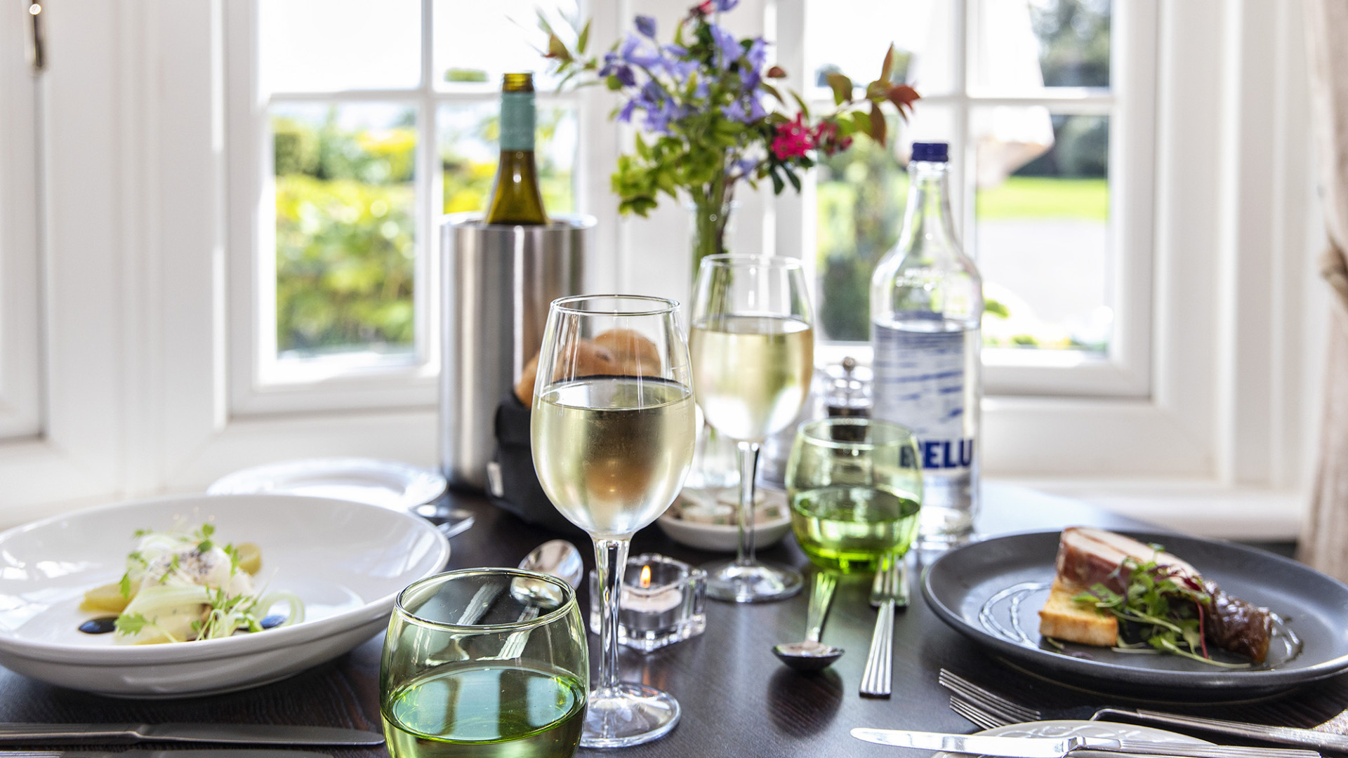 Dinner and wine on table in No 43 restaurant