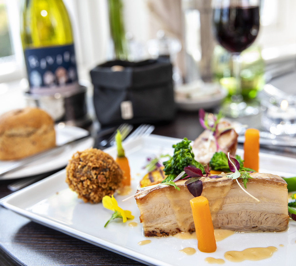 Dinner and wine on table in No 43 restaurant