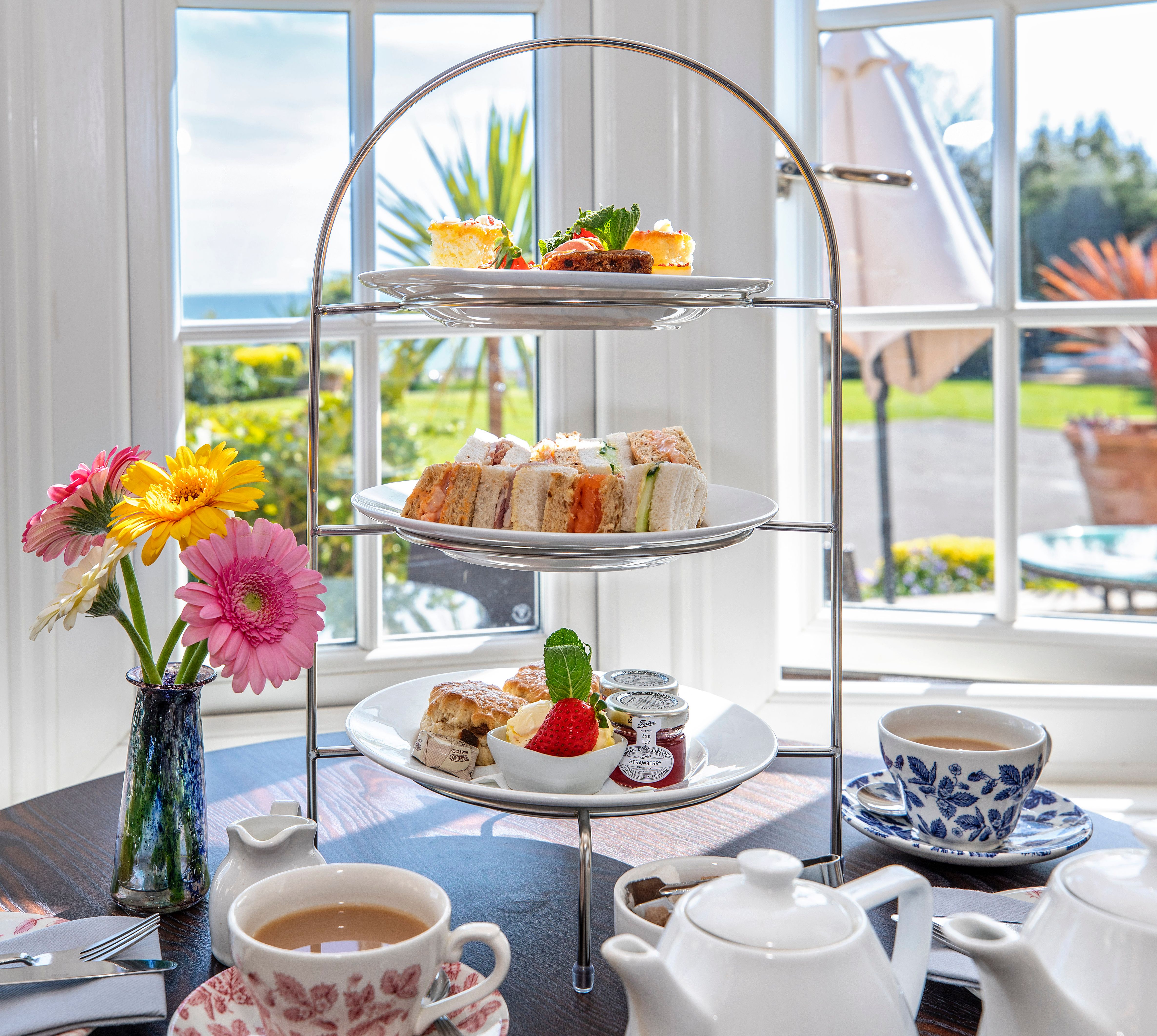 Afternoon tea in the restaurant at hotem Miramar - a three tier stand for two