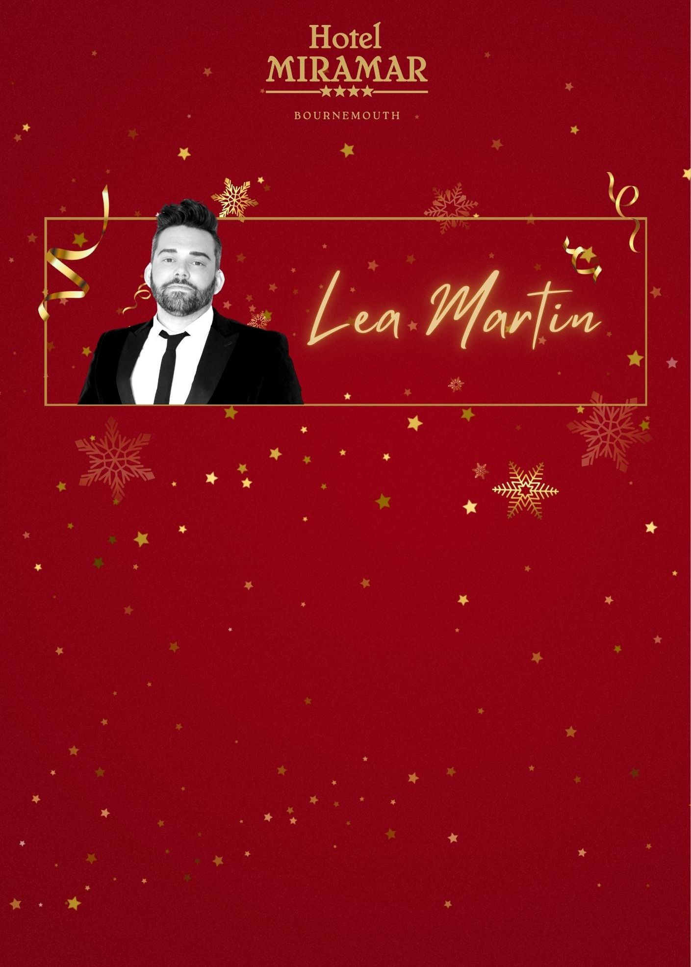 Hotel Miramar Bournemouth promotional Christmas tribute event featuring a man in a suit named Lea Martin on a festive red background.