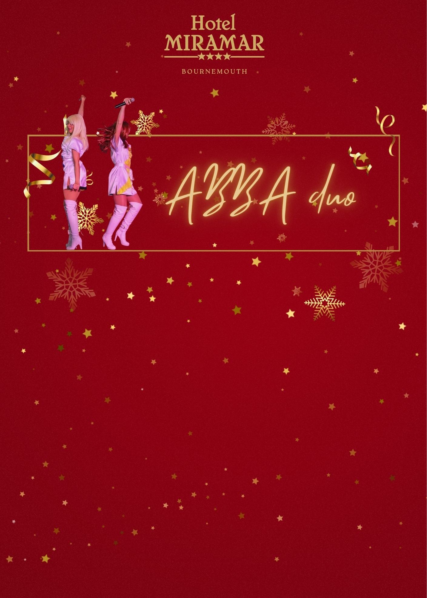 Poster for an ABBA Duo event at Hotel Miramar Bournemouth, featuring two performers in ABBA-inspired costumes on a festive red background with gold stars and snowflakes.