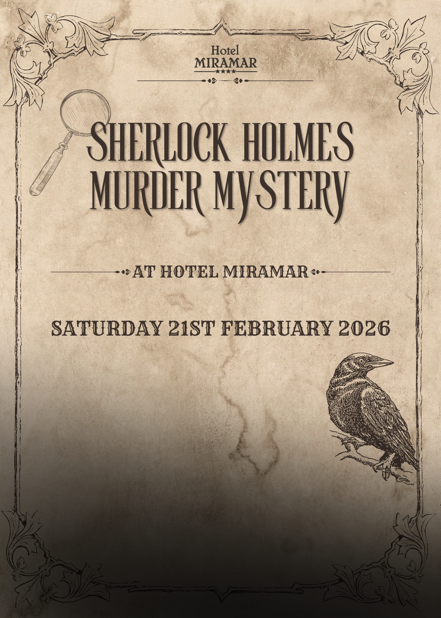 Sherlock Holmes murder mystery event poster at Hotel Miramar, scheduled for Saturday 21st February 2026