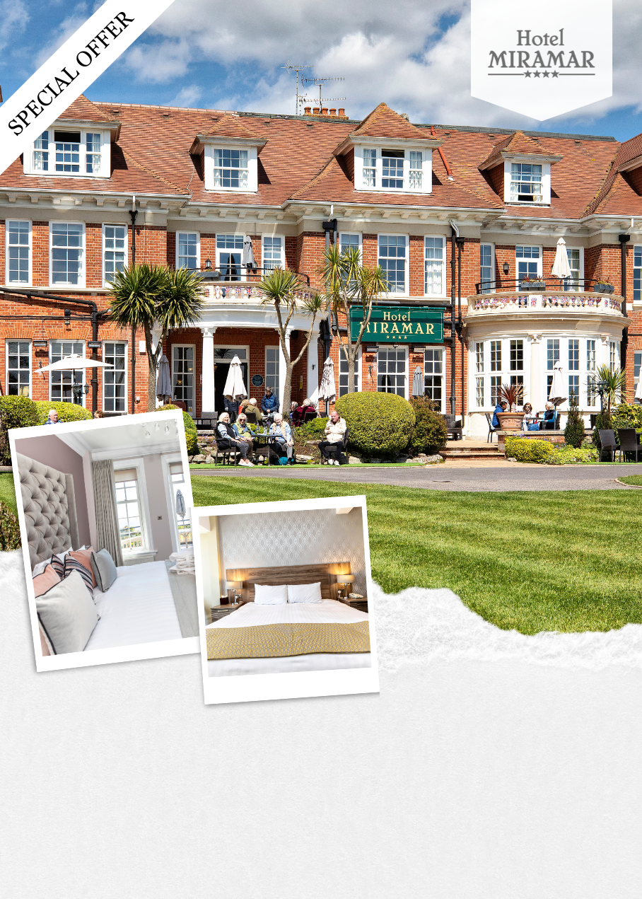 Front exterior of Hotel Miramar with guests sitting outside and two inset images of hotel rooms.