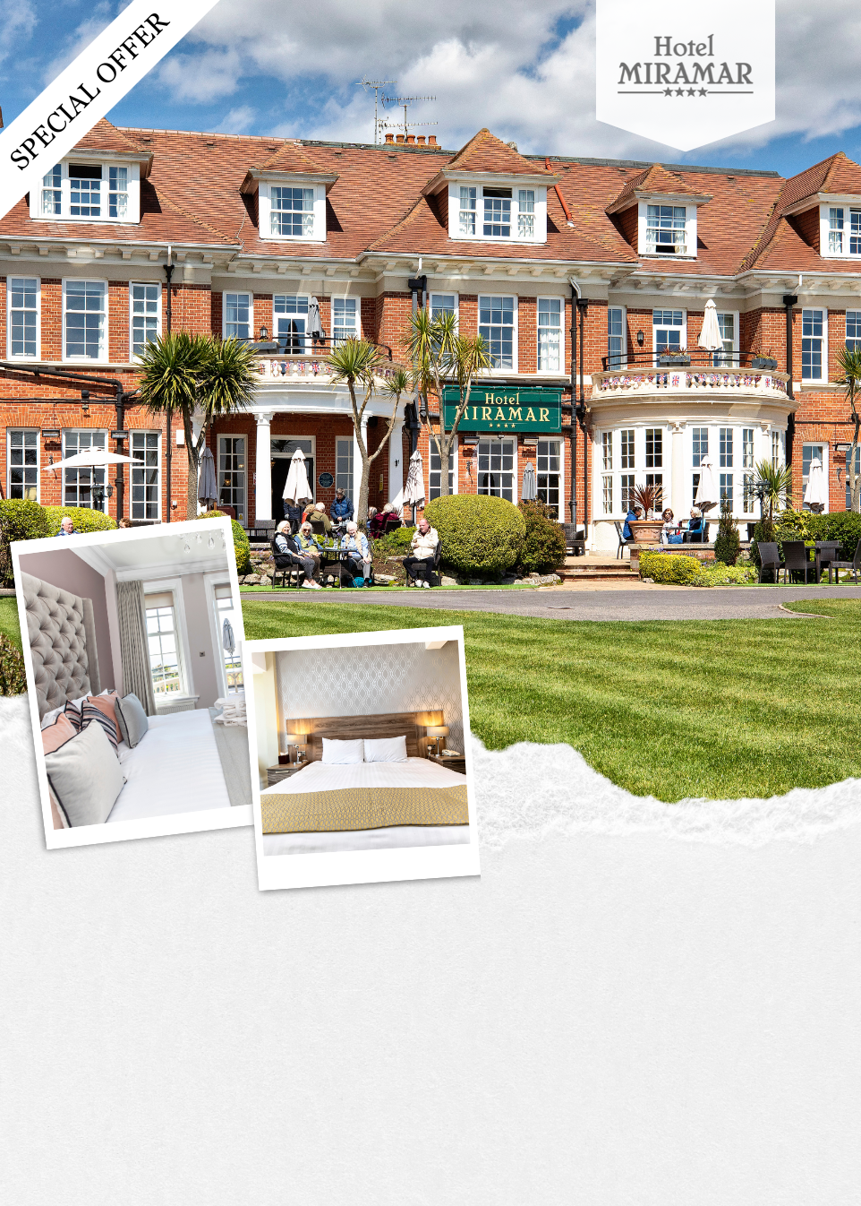 Front exterior of Hotel Miramar with guests sitting outside and two inset images of hotel rooms.