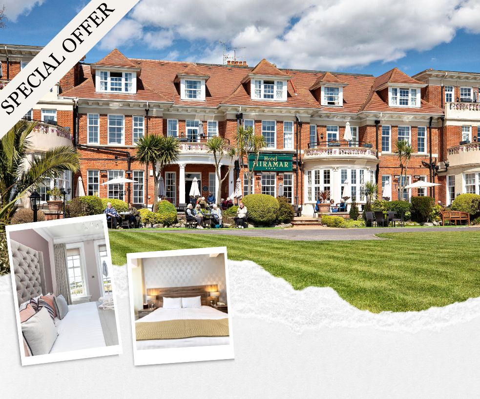 Special offer banner showing the Hotel Miramar exterior with gardens and guests seated on the terrace, plus inset photos of hotel bedrooms.