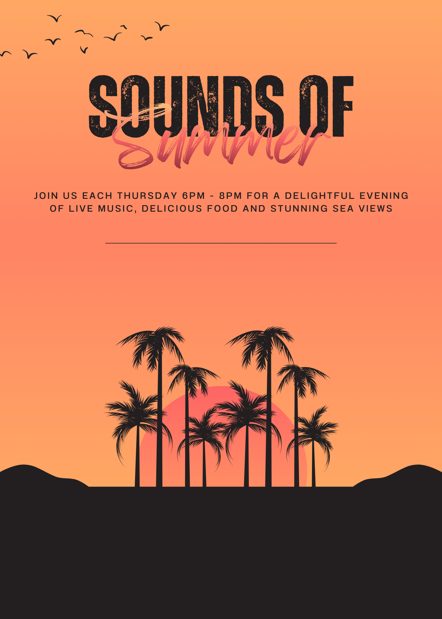 Sounds of Summer event poster with palm tree silhouettes and a sunset background, advertising live music on Thursdays 6pm–8pm.