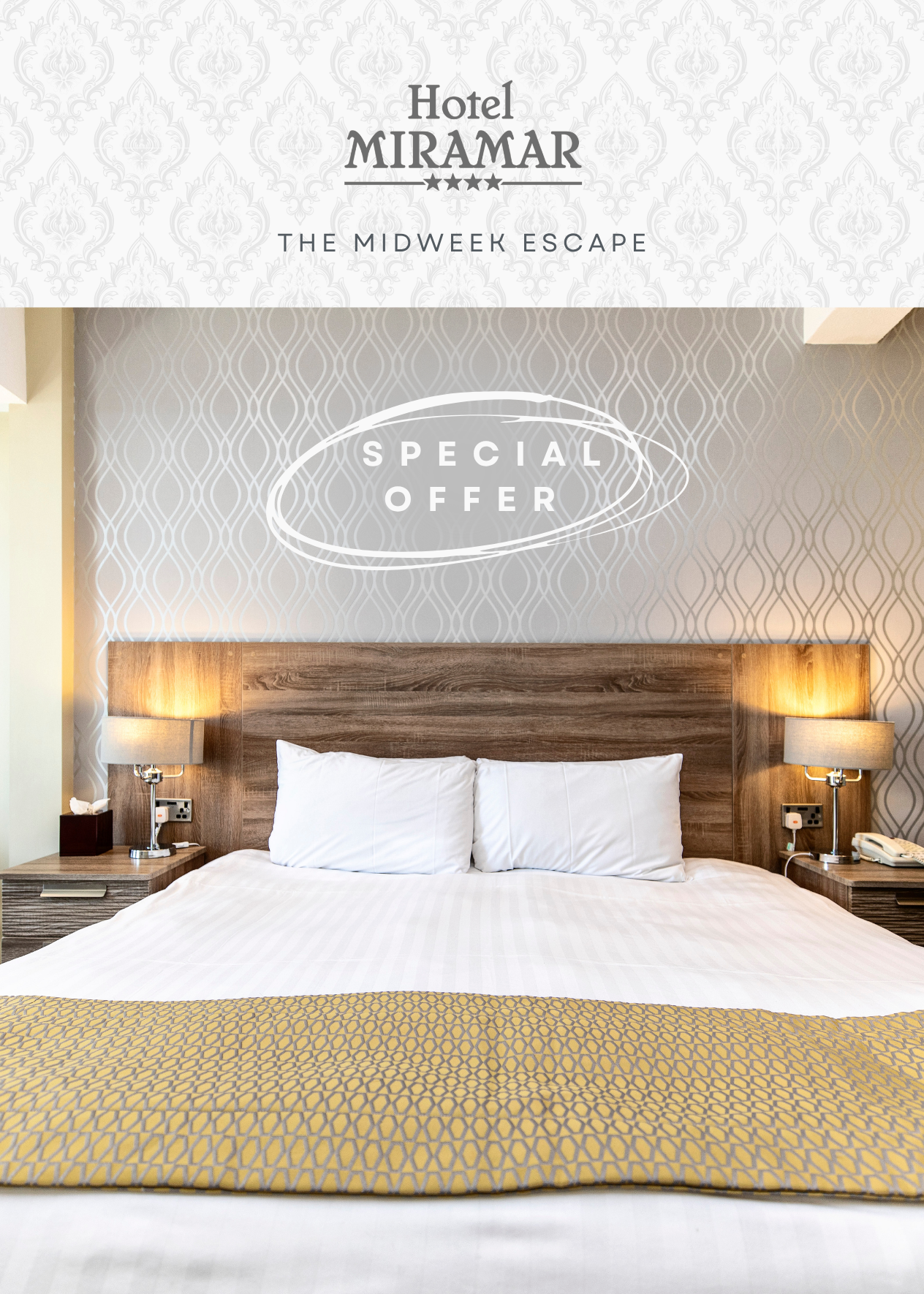 Hotel Miramar midweek escape special offer Instagram post featuring a modern double bed with bedside lamps