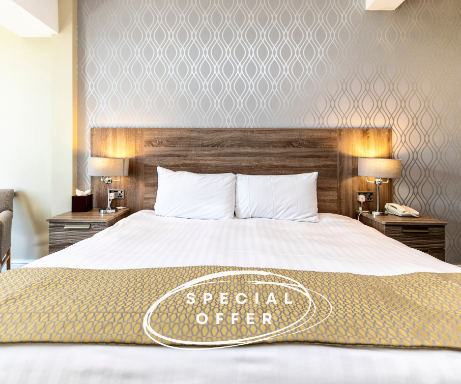 Promotional graphic for Hotel Miramar featuring a modern double bed with bedside lamps and the text 