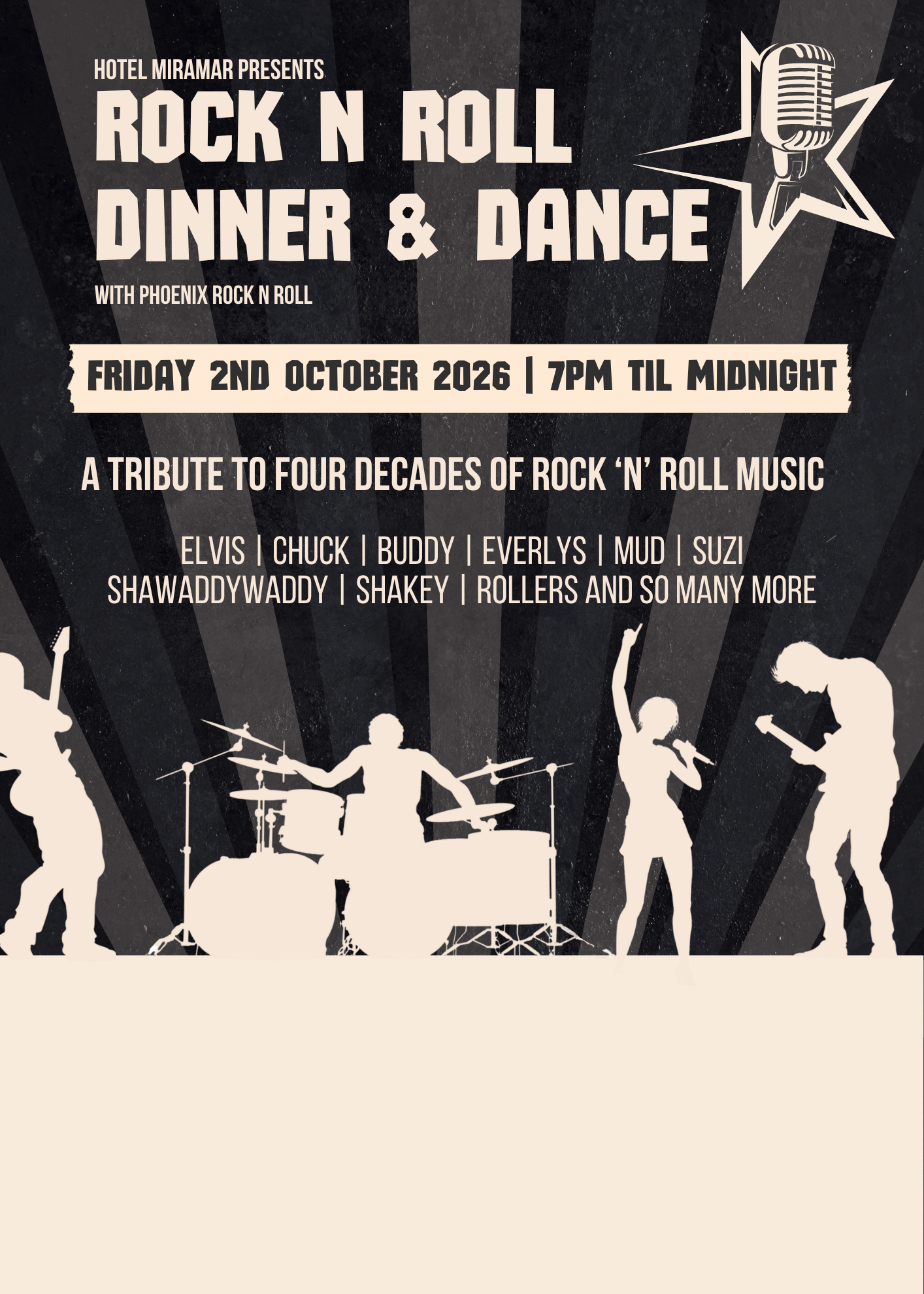 Rock n Roll Dinner & Dance poster for Hotel Miramar featuring a vintage microphone and band silhouettes, Friday 2nd October 2026, 7pm till midnight