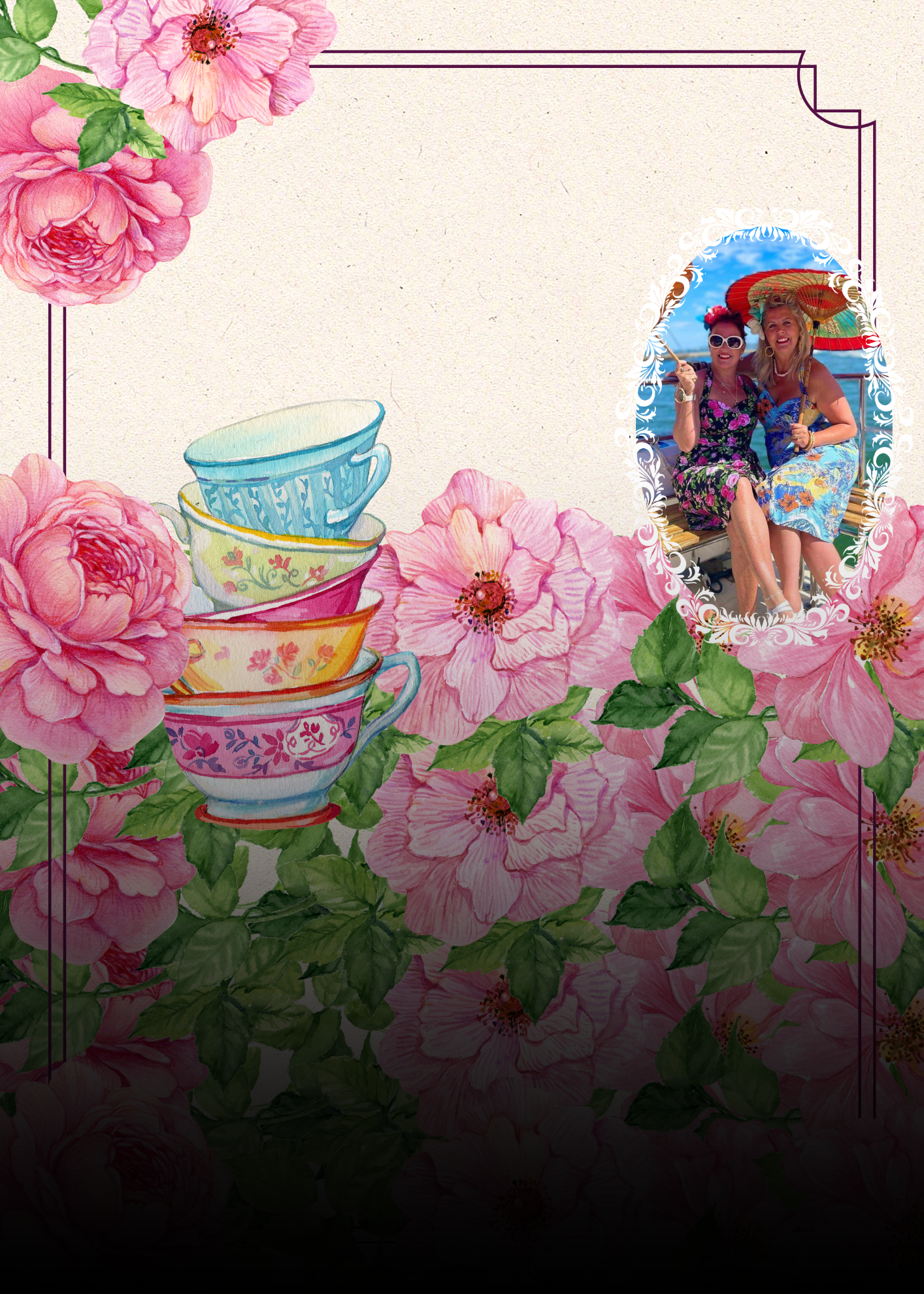 Watercolour floral border with stacked teacups and an oval photo of two women on a beach holding parasols