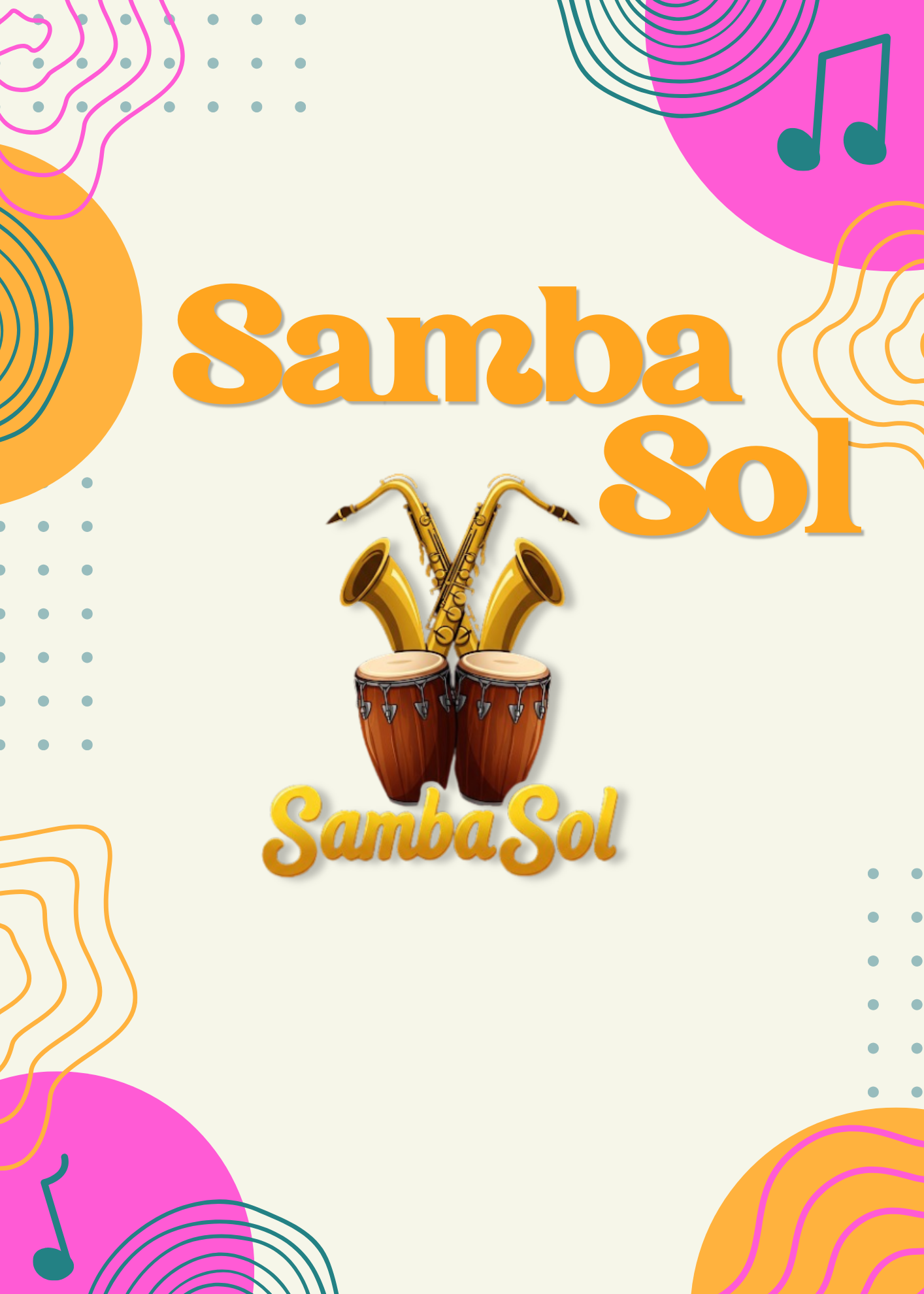 Samba Sol logo with saxophones and conga drums on a colourful musical background