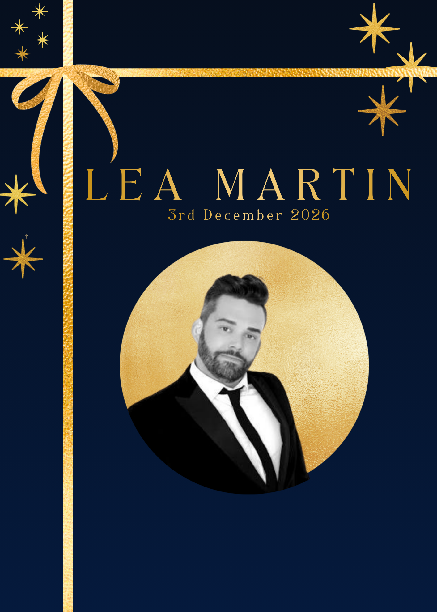 Navy and gold festive poster with ribbon border, star motifs, the text 
