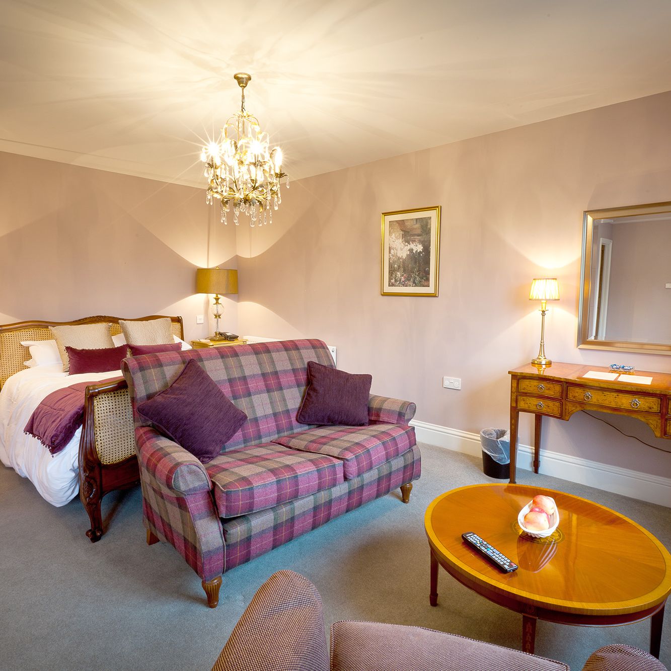 french style hotel suite with crystal chandelier