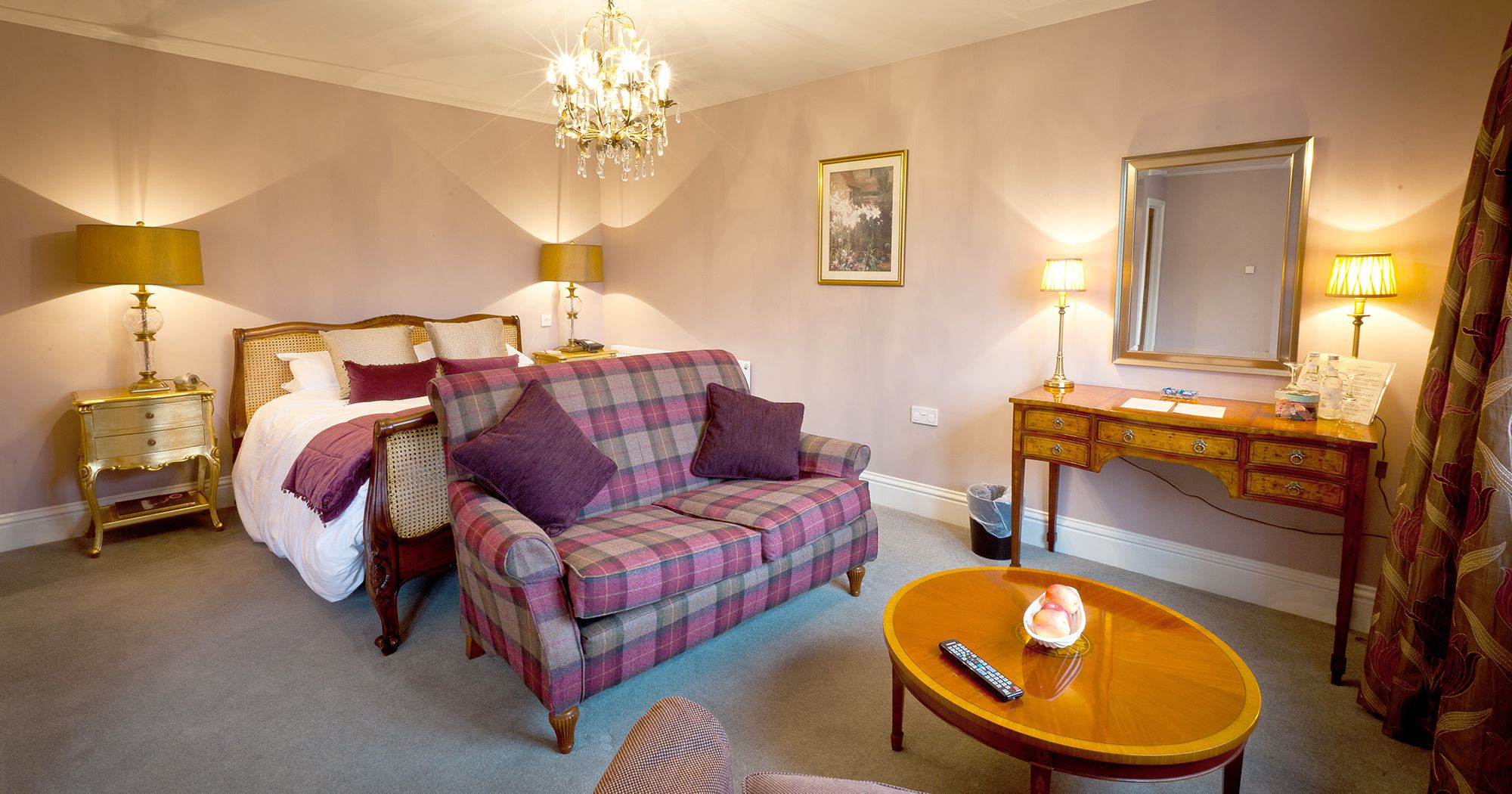 french style hotel suite with crystal chandelier