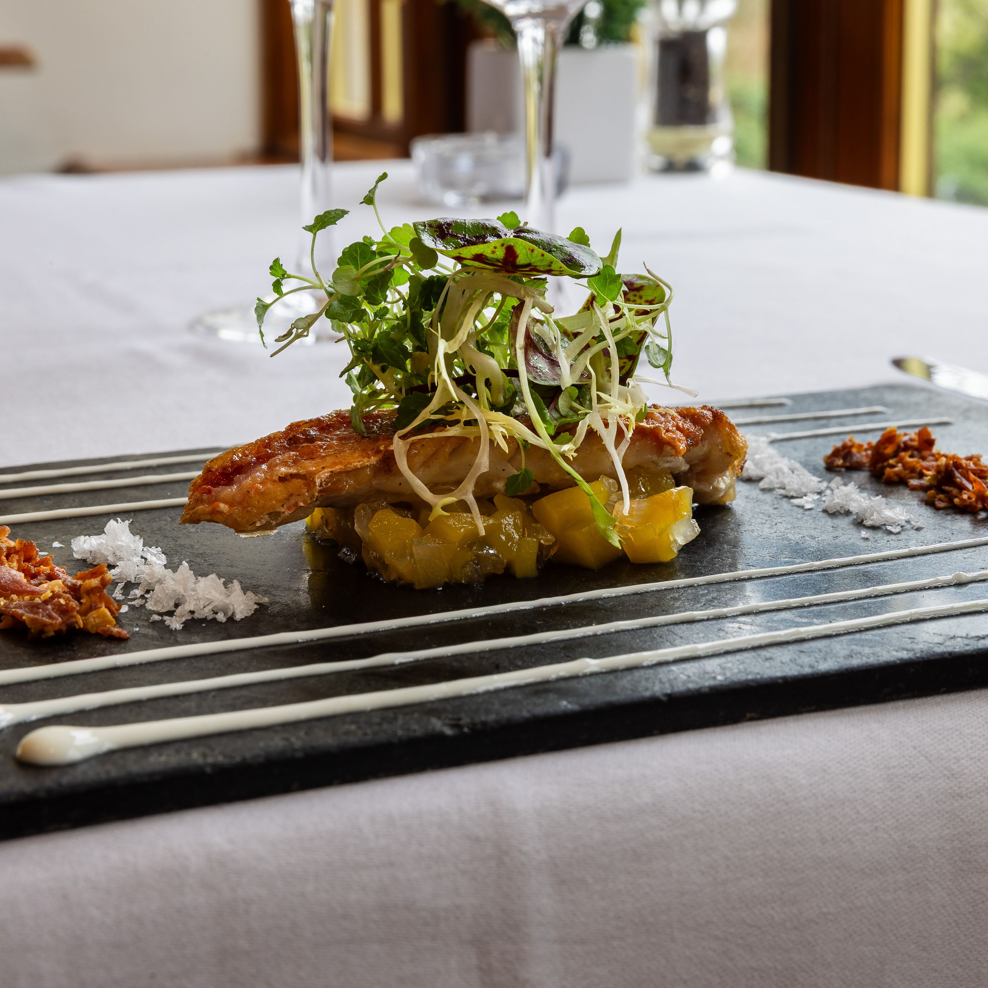 pork on a bed of apple sauce