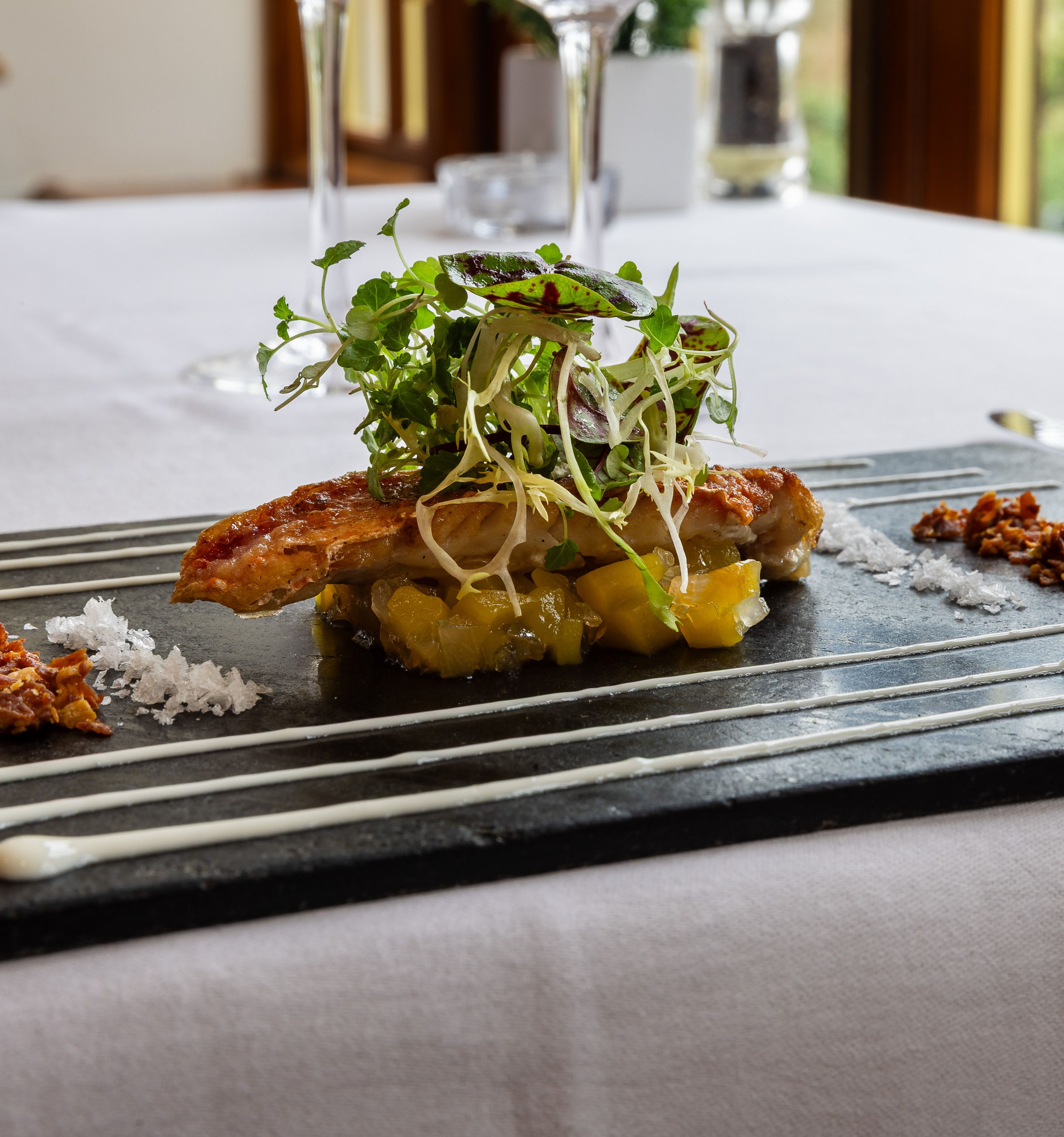 pork on a bed of apple sauce