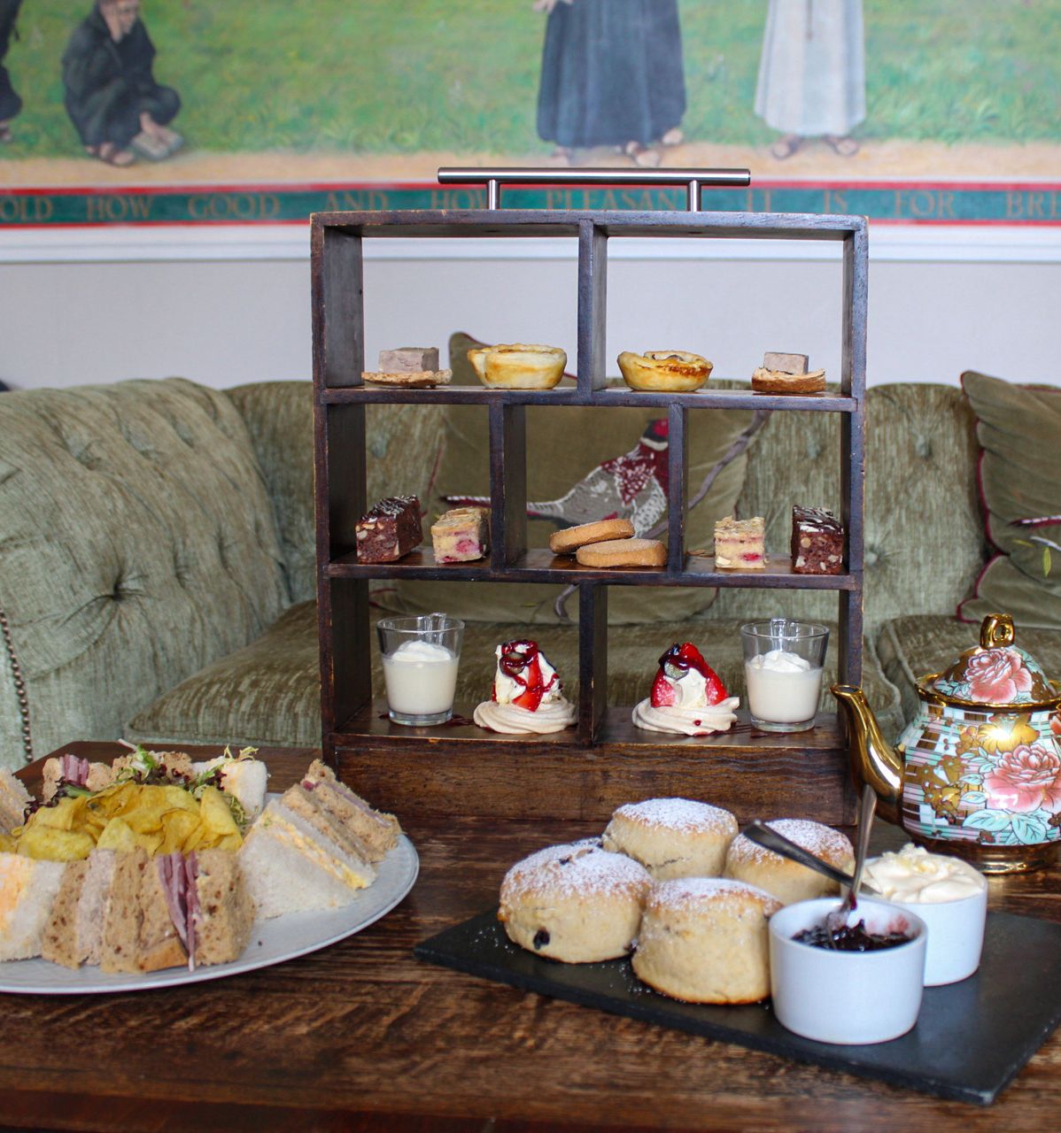 afternoon tea with scones, sandwiches, prosecco and small bites.