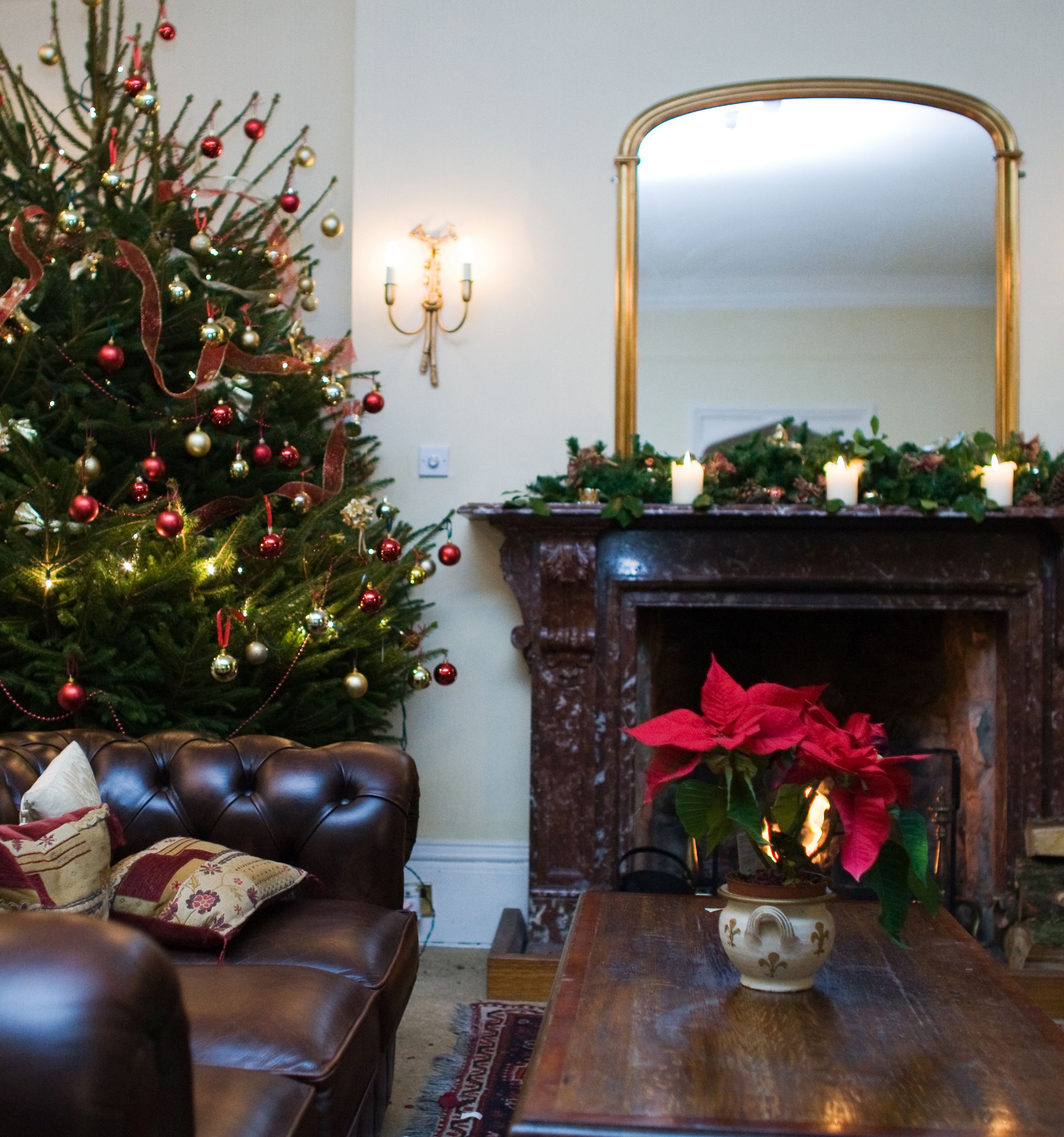 Cozy living room decorated for Christmas with a large Christmas tree and festive mantle.