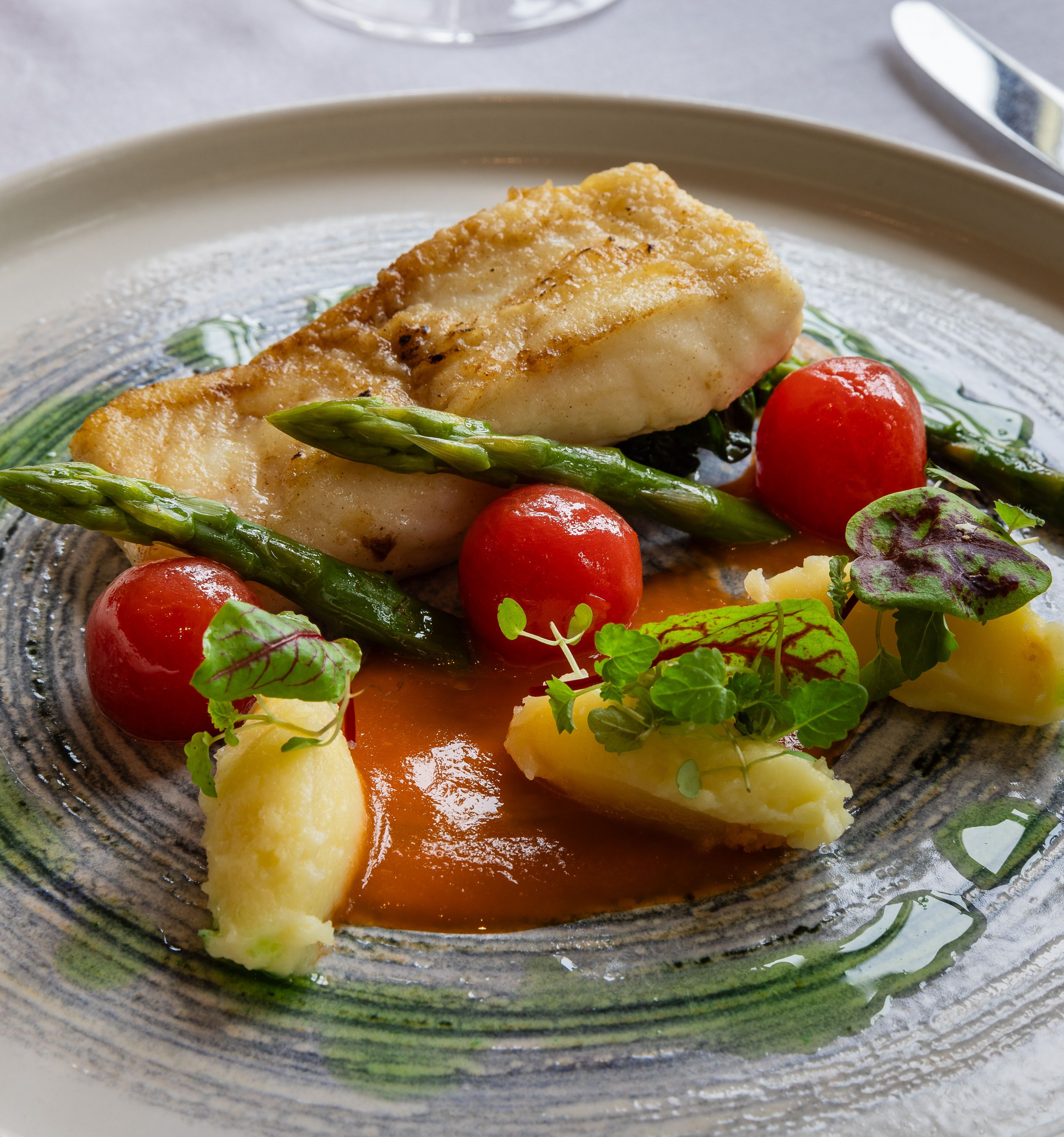 Plated fish fillet with asparagus, cherry tomatoes, mashed potatoes, and sauce, garnished with microgreens.