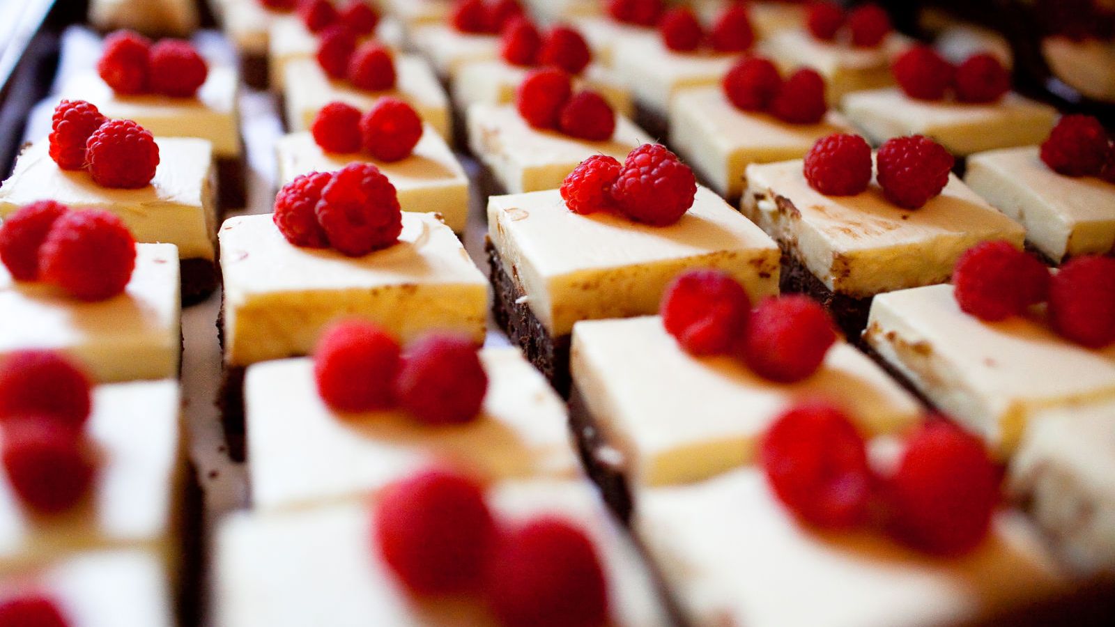 Rows of cheesecake bars topped with fresh raspberries