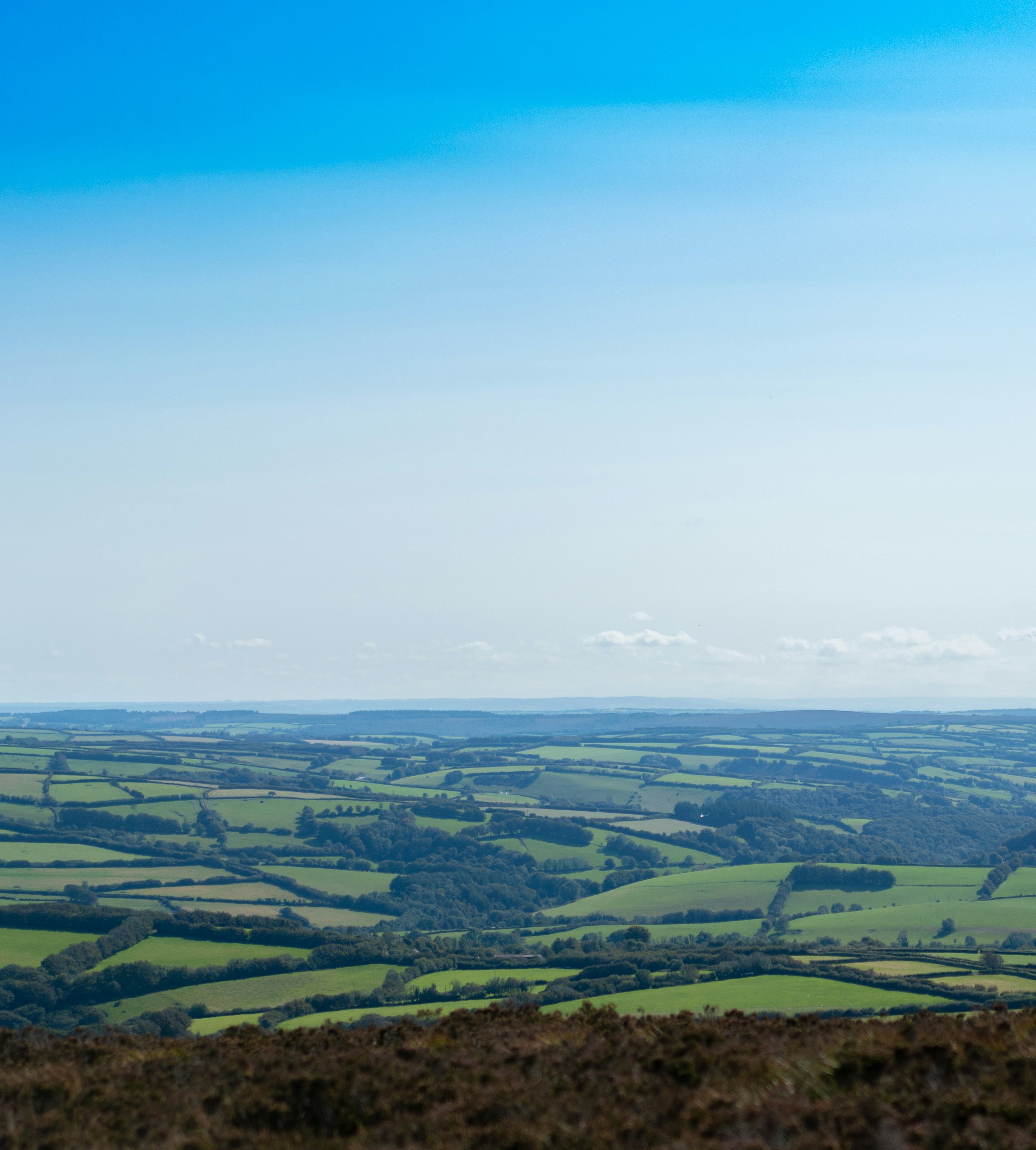 A panoramic view of green patchwork fields and rolling hills under a clear blue sky.
