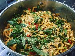 Bowl with Udon Noodles, Fried tofu and Orange nam jim