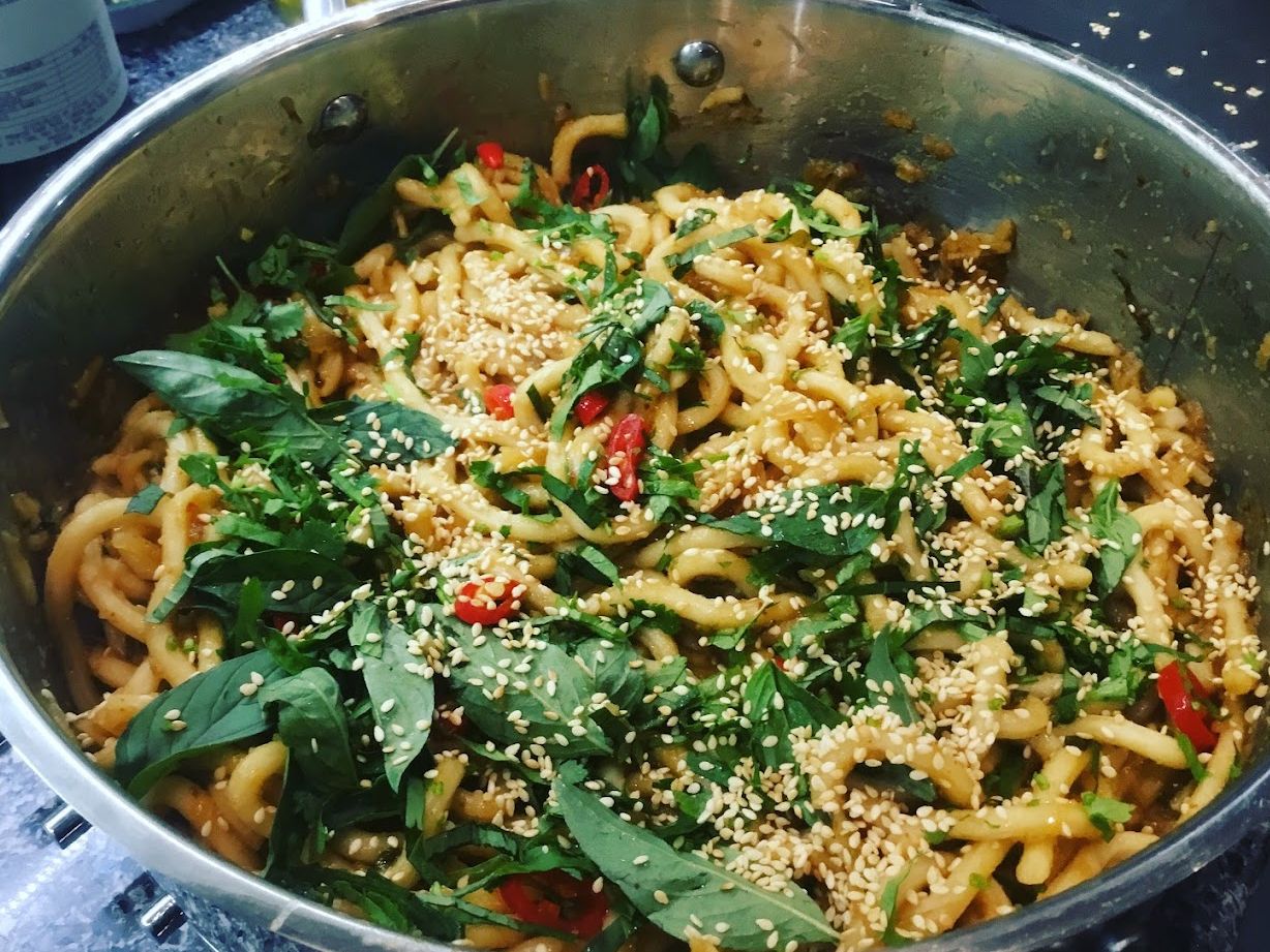 Bowl with Udon Noodles, Fried tofu and Orange nam jim