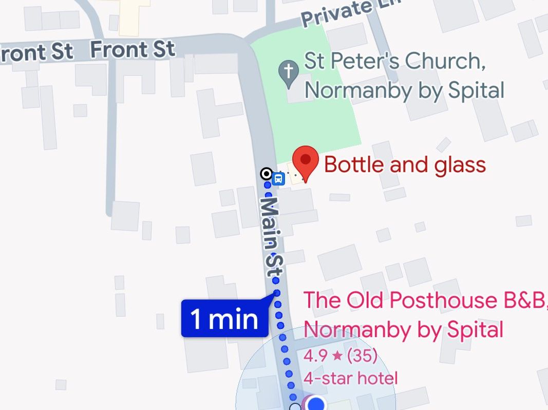 Google map showing the Walk and the time of 1 minute from The Old Posthouse B&B to The Bottle & Glass pub in Normanby by Spital