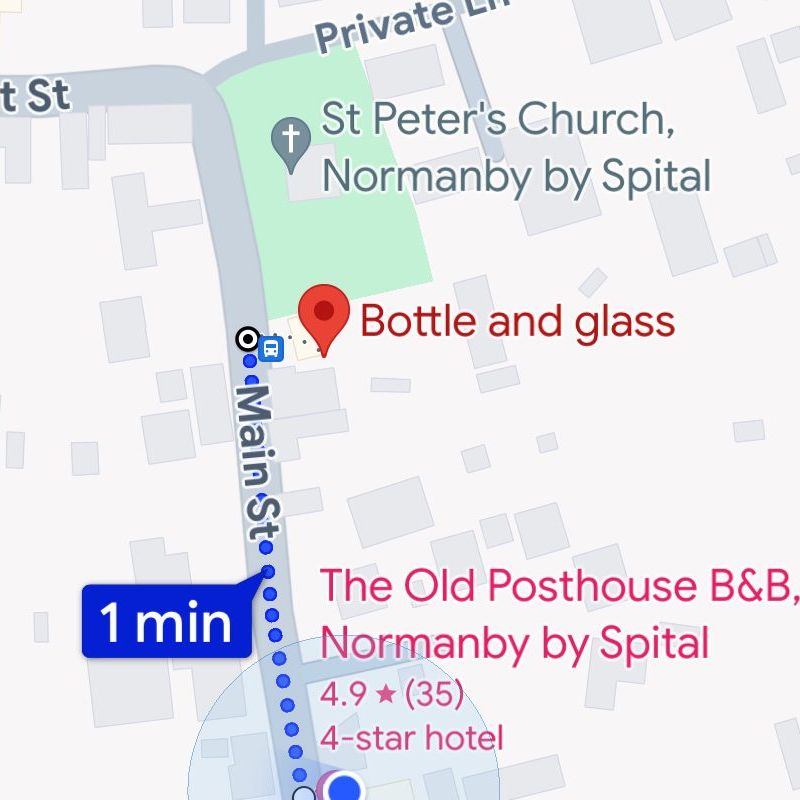 Google map showing the Walk and the time of 1 minute from The Old Posthouse B&B to The Bottle & Glass pub in Normanby by Spital