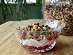 homemade compote, Greek style yoghurt, homemade granola and Lincolnshire runny honey in a glass bowl