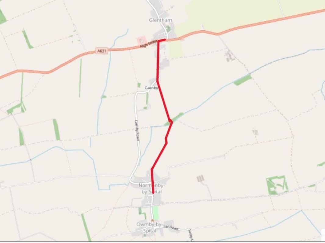 Map of walk from The Old Posthouse B&B to The Crown Inn in Glentham via footpath