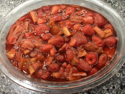 Glass Bowl of strawberry and rhubard compote