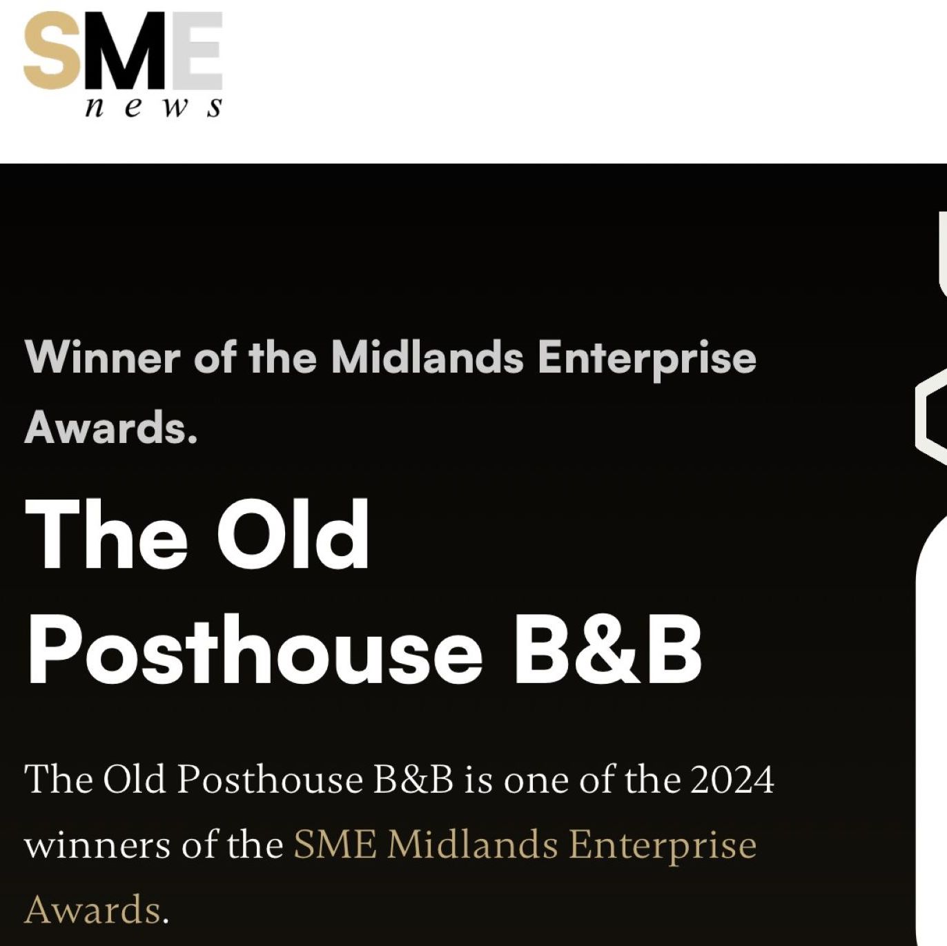 Notification of The Old Posthouse B&B being one of the 2024 winners of the SME Midlands Enterprise Awards