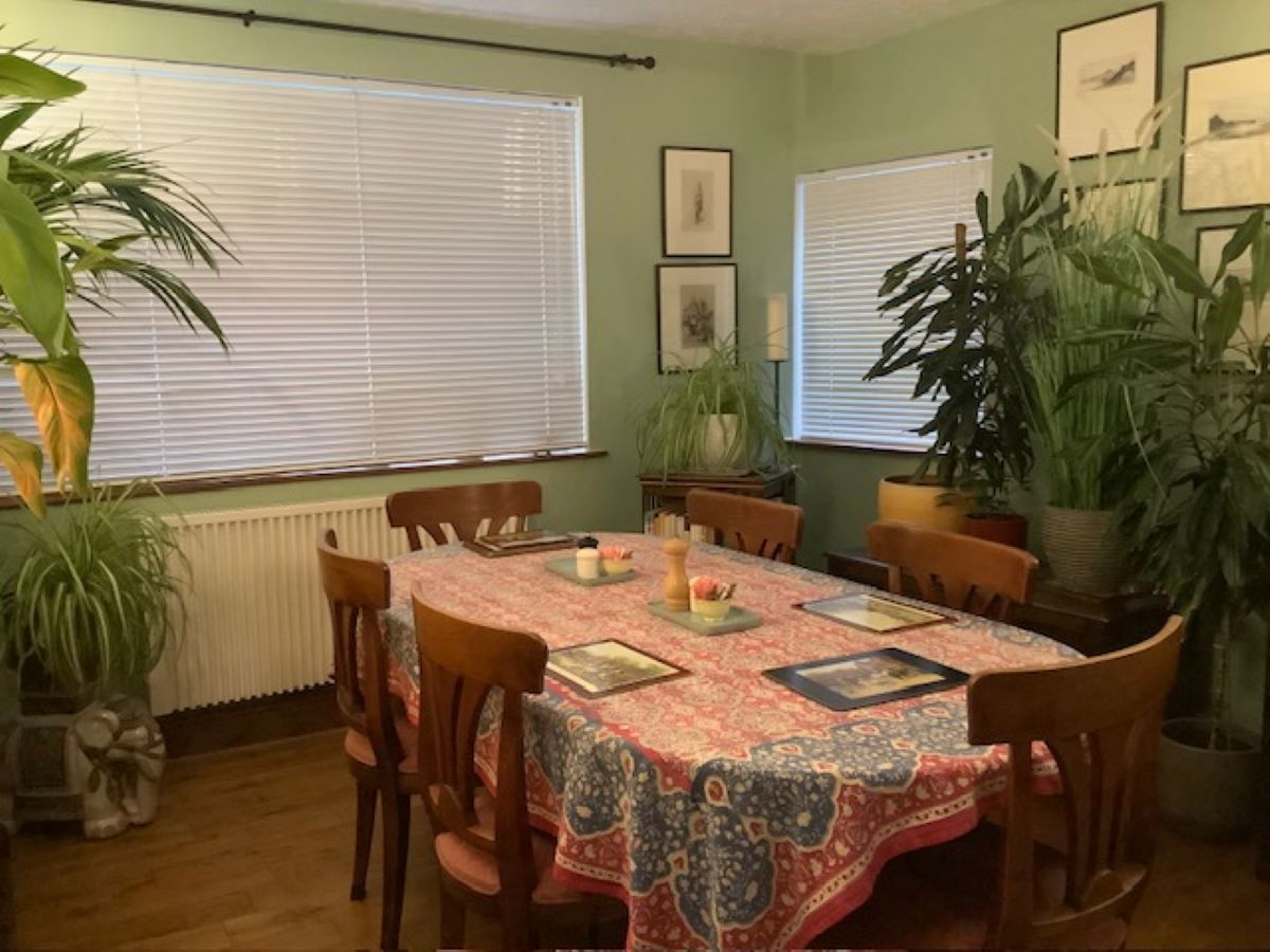 Dining room with wooden chairs, a patterned tablecloth, houseplants, and framed artwork on green walls