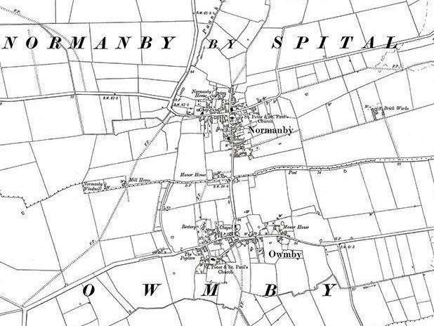 Old map showing Normanby by Spital and Owmby villages with surrounding fields