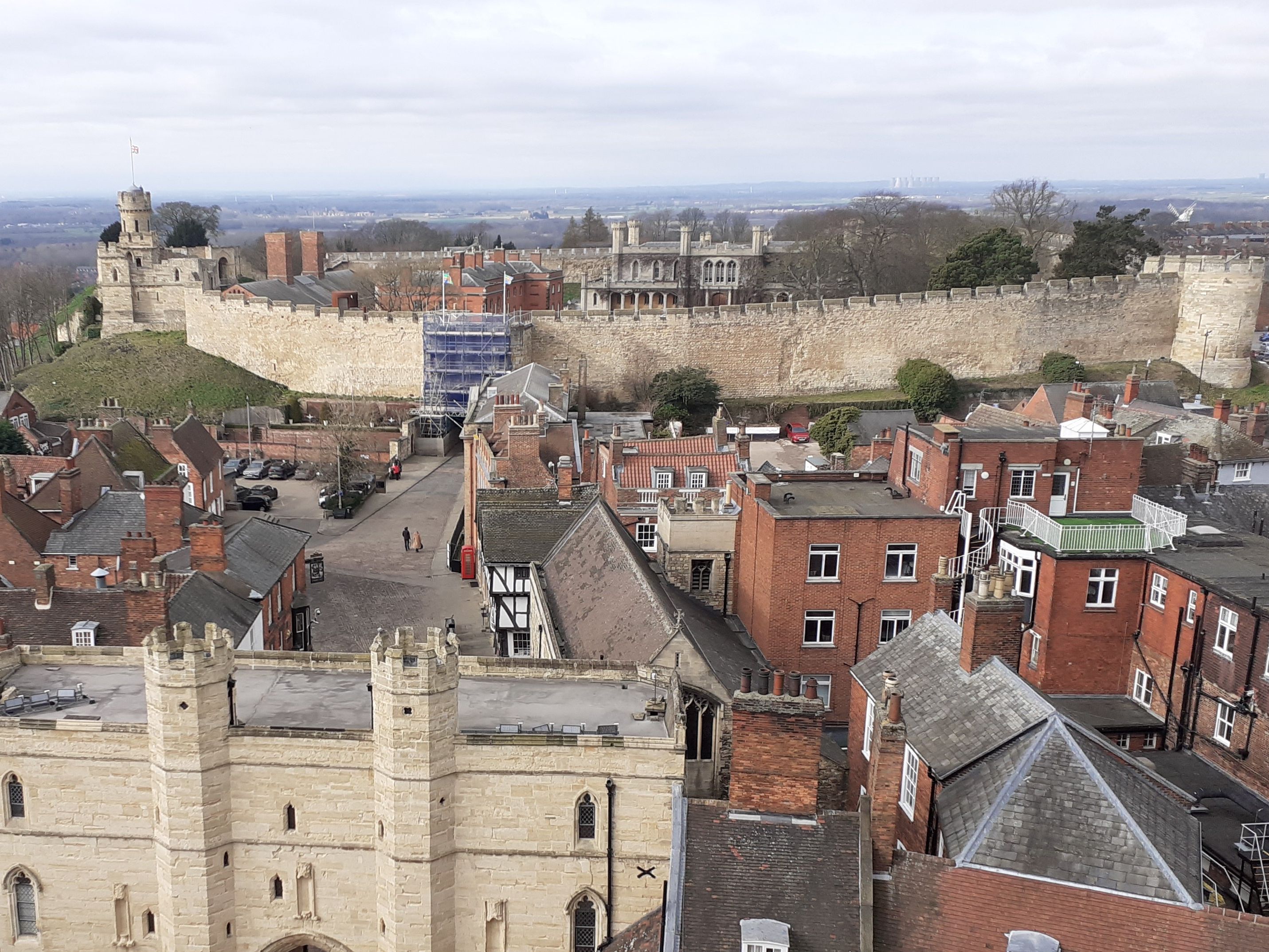 View of Lincoln Castle and surrounding historic buildings in Lincoln, England