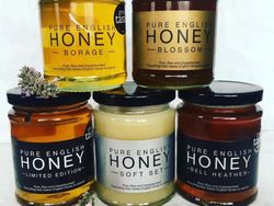 Jars of Lincolnshire flavoured Honey from Apidae Honey - Borage, Blossom, Blueberry, Soft Set and Bell Heather