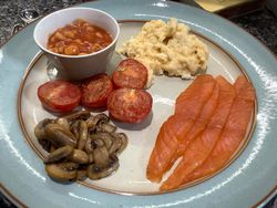 Scrambled Eggs, Alfred Enderby smoked salmon, mushrooms, baked beans and tomatoes