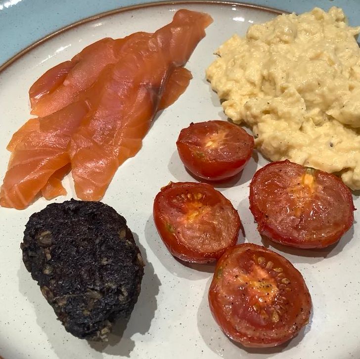 Scrambled Eggs, Alfred Enderby smoked salmon, black pudding and tomatoes