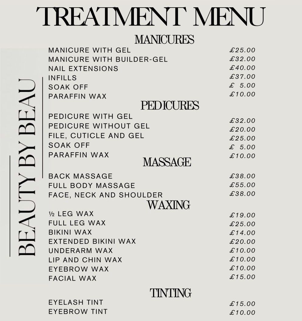 Beauty by Beau treatment menu with prices for manicures, pedicures, massages, waxing, and tinting.