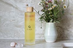 stones, cleansing oils and flowers in a vase
