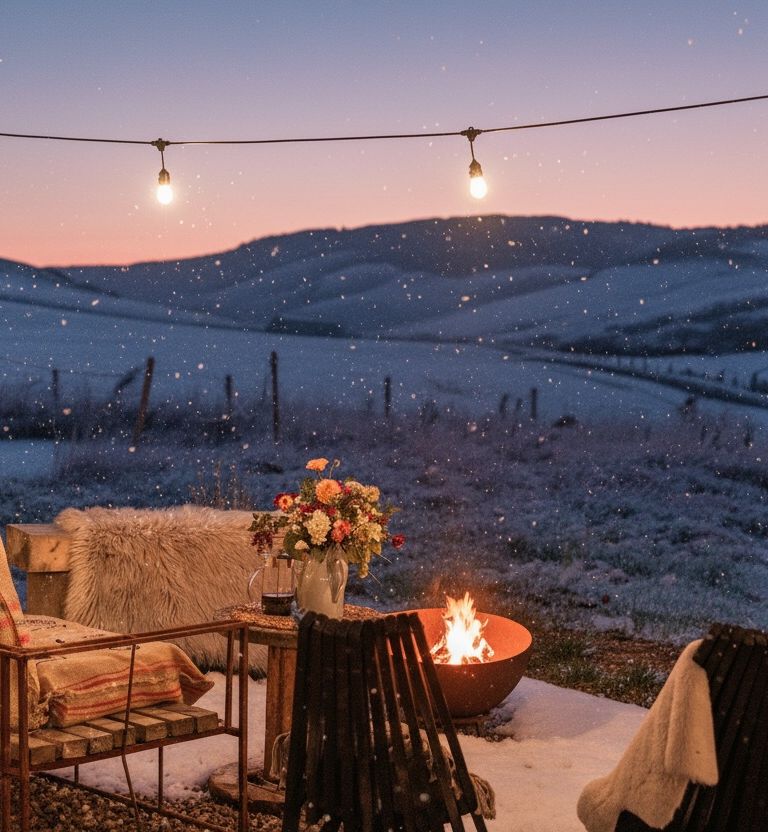 Cozy outdoor seating area with string lights, fire pit, and snow covered hills at sunset