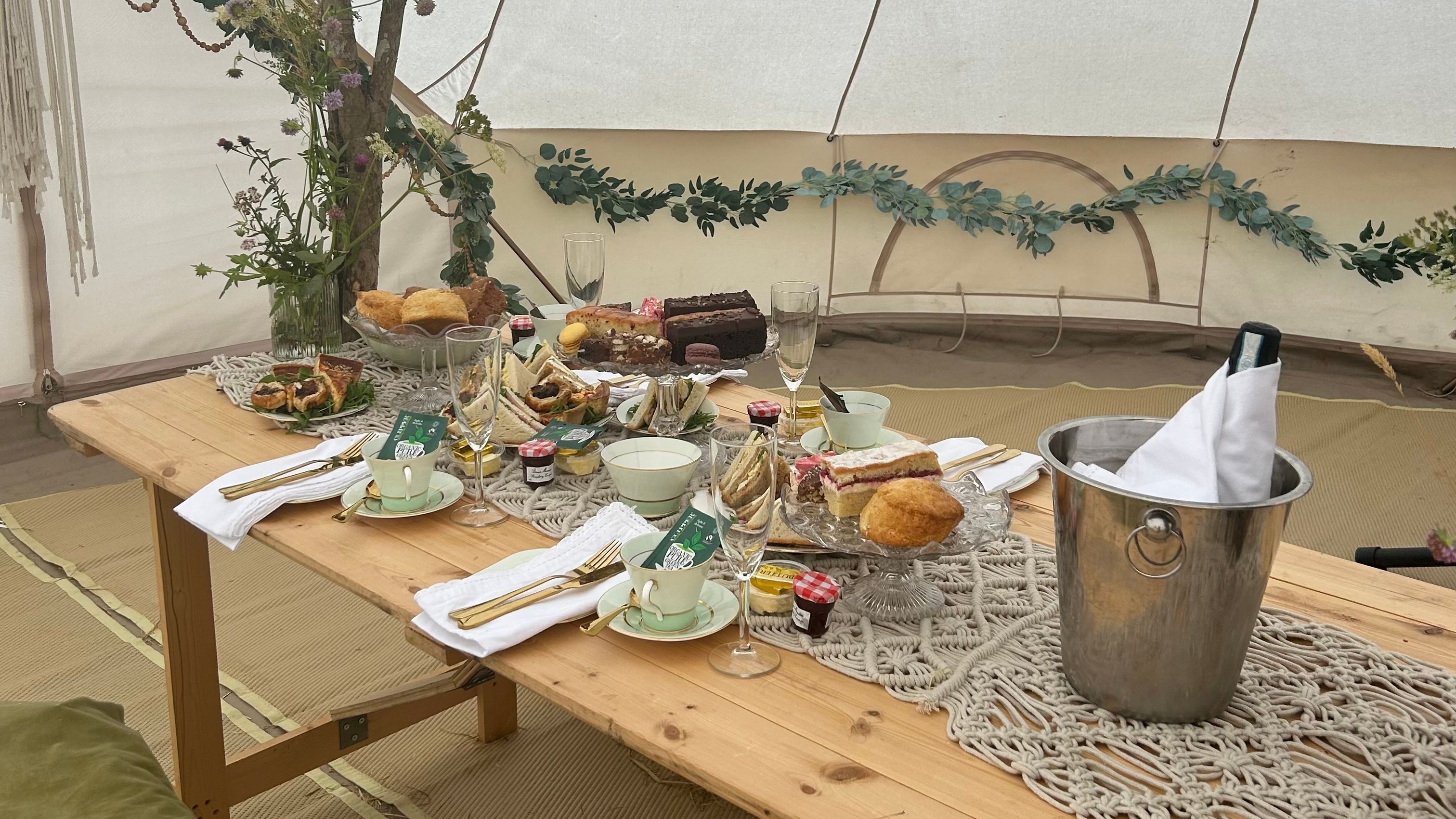 Afternoon tea set up in bell tent