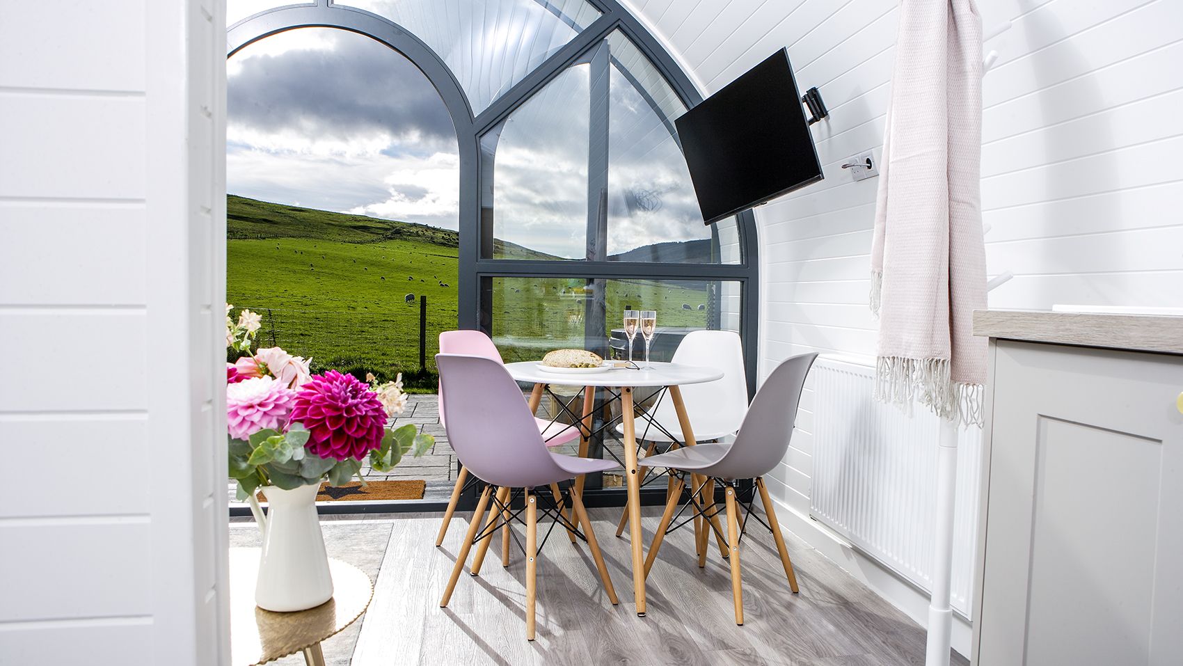 View over hills from glamping pod