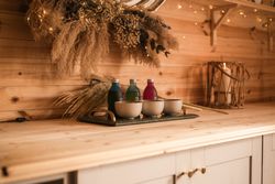 Products on side in spa hut