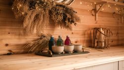 Products on side in spa hut