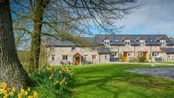 Penwern Fach Holiday Cottages, a row of charming stone cottages with slate roofs, set in lush green gardens with blooming yellow daffodils under a bright blue sky.