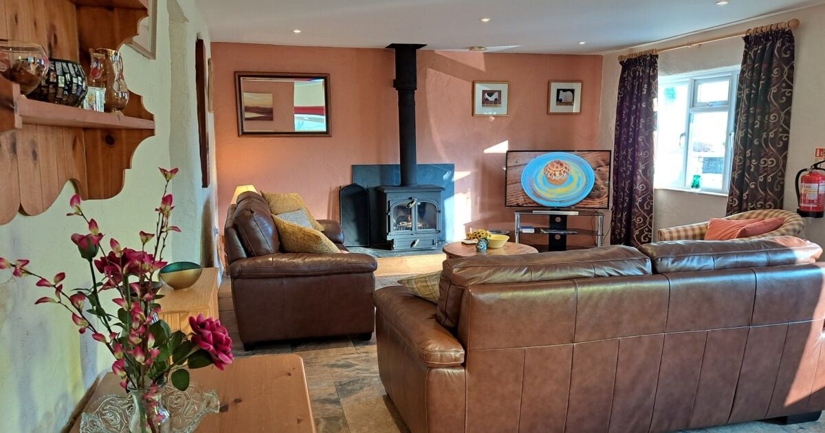 Lounge in Cothi Cottage with Large leather brown sofas and a open fireplace