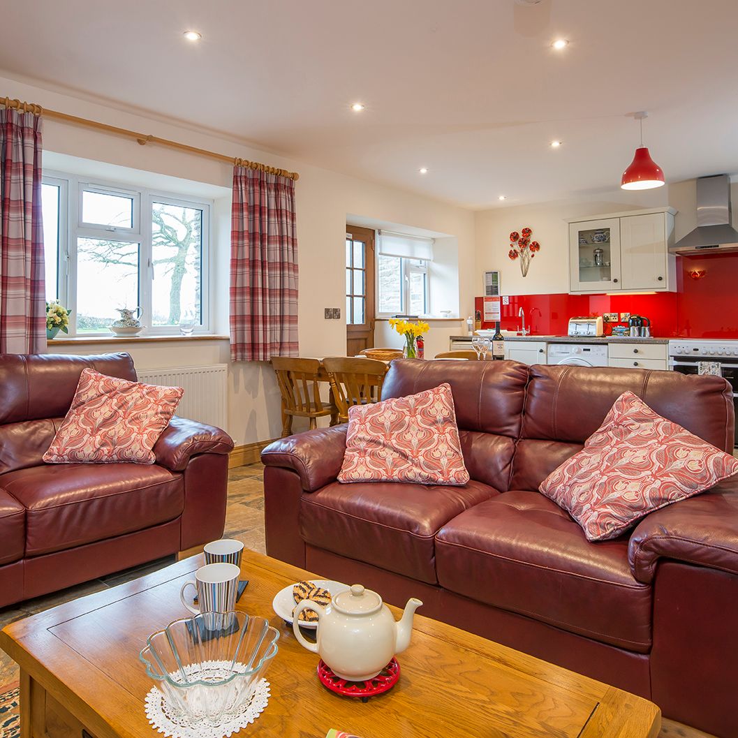 A cosy open-plan living area in Teifi Cottage with brown leather sofas, a wooden coffee table set for tea, and a modern kitchen with red accents in the background.