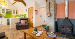 A cozy open-plan living space with a wood-burning stove, a stone feature wall, and a leather armchair. A wooden coffee table is set for tea, with a bright kitchen nearby.